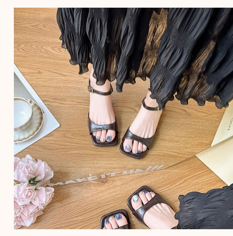 French-style Square-toe Chunky High-heel Slide Sandals for Women, New Summer Outdoor Wear, Elegant Open-toe Sandals