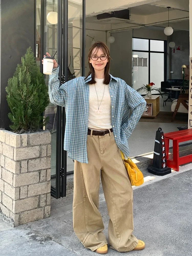 Korean Fashion Blue Plaid Blouse Women Single Breasted Lapel Long Sleeve Loose Shirts Y2k Casual Tops Coats Female Clothes