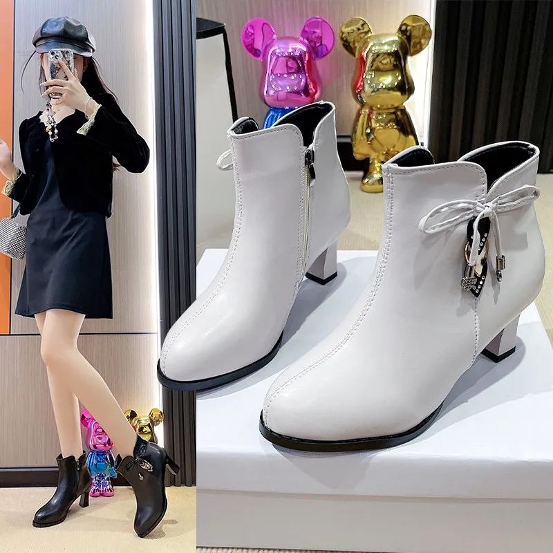 2025 high-heeled boots female spring and autumn single boots new women\'s shoes zip white waterproof Taiwan high-heeled shoes