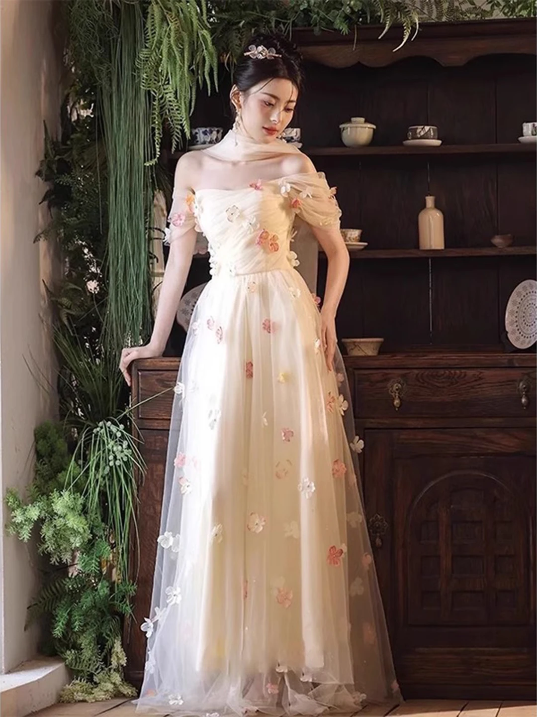 

Stunning Bridal Evening Gown Women's One-oulder Sweet Sle Floral Print Mid-Waist Long Dr for Engagement Par Performance