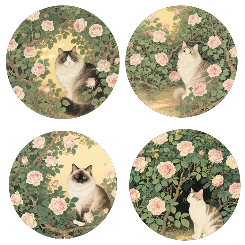 Three Ratels CD111 Romantic illustration cats in rose bushes  wall stickers for home decoration pet supplies decals