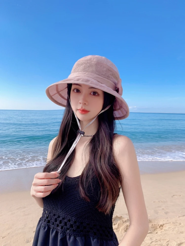 A fisherman hat, summer thin sunscreen hat, fashion tie-in bow hat, gauze short-brimmed ventilation hat, fashionable elegant sty