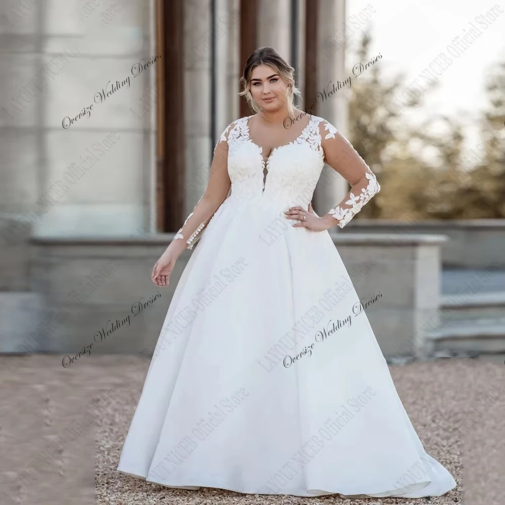 

Plus Size Wedding Dresses for Women Full Sleeve Bridal Gowns with Lace A Line Vestido De Novia Organza Vestido De Novia Summer