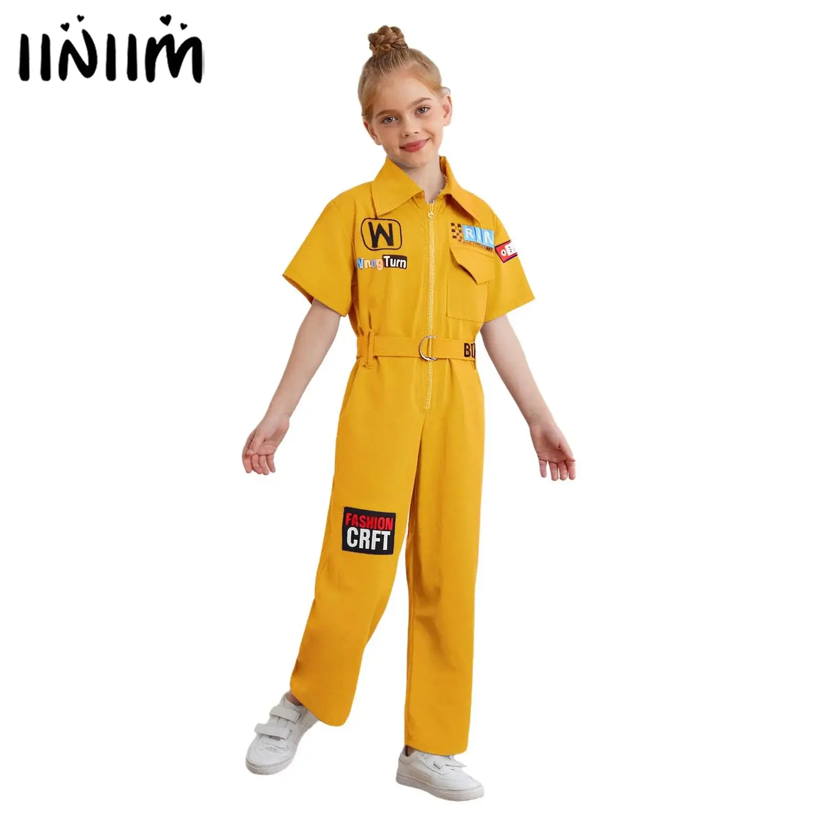 Kids Boys Girls Hip-Hop Street Jazz Dance Performance Costume Letter Printed Jumpsuit Front Zipper Pockets Coveralls with Belt