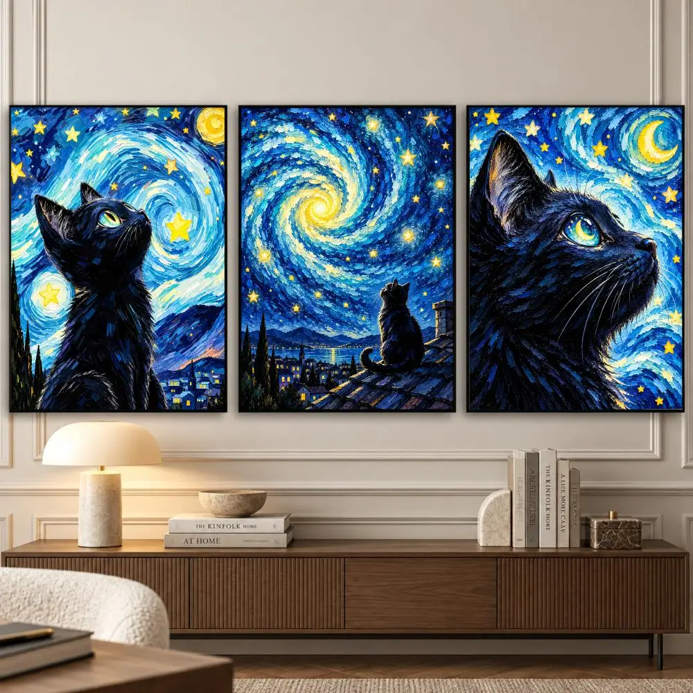 Celestial Starry Black Cat Art Painting Calligraphy 3 PCS Vintage Fashion Canvas Wall Art Prints for Living Room Decor