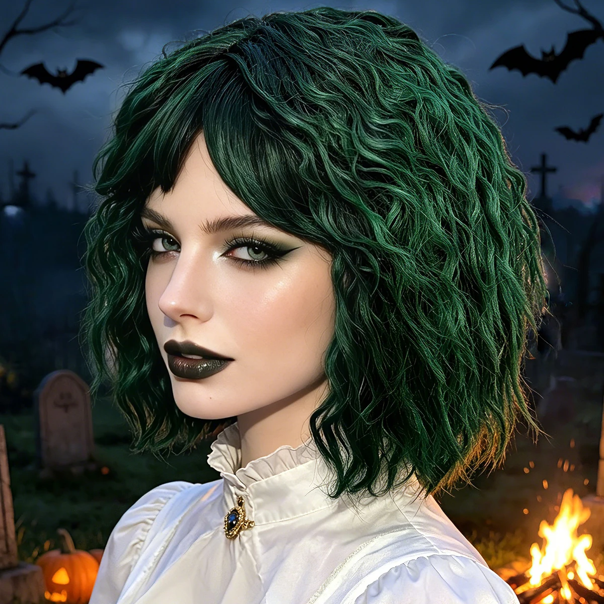 Dark Green Short Curly Fluffy Synthetic Wig Middle Part Men Joker Halloween Party Cosplay Costume Hairpiece