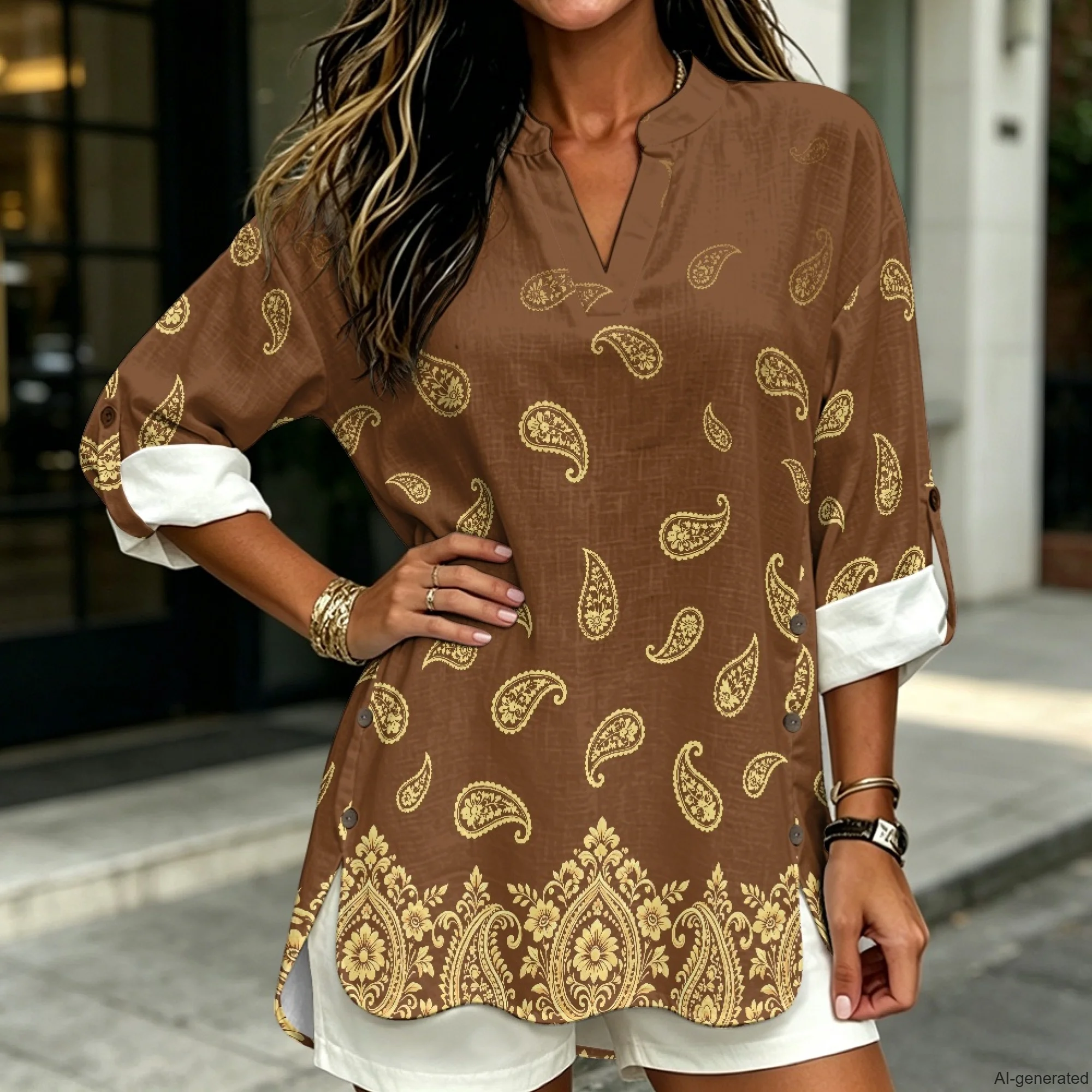 INSTANTARTS Women's Linen V-neck Shirt Ladies Clothes Cashew Flower Shirt Women's Shirts 2026 Linen Shirt Gorgeous Blouses S-3XL