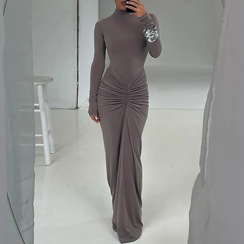 Women Casual Long Sleeve Slim Fit Party Dress Elegant Hight Waist Solid Maxi Dress Fashion Half Open Collar Pleated Long Dresses image 2