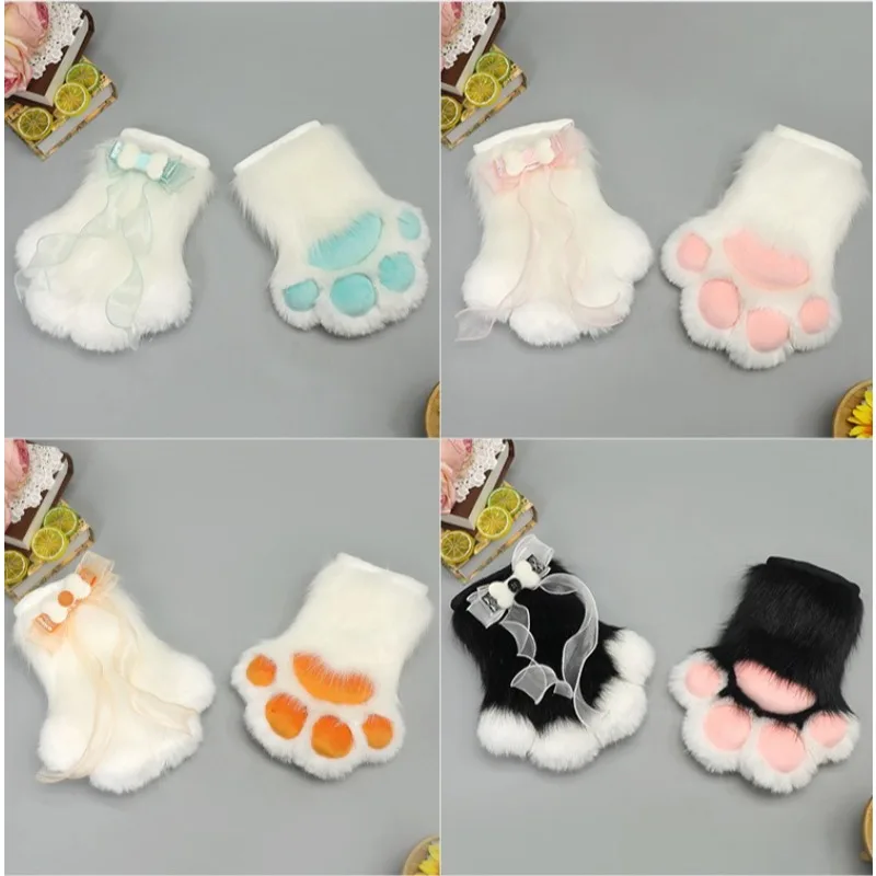 4Pcs/set Kitsune Fox Ears & Tail & Paw Gloves Plush Anime Cosplay Prop for Lolita Furry Convention Halloween Costume Accessories