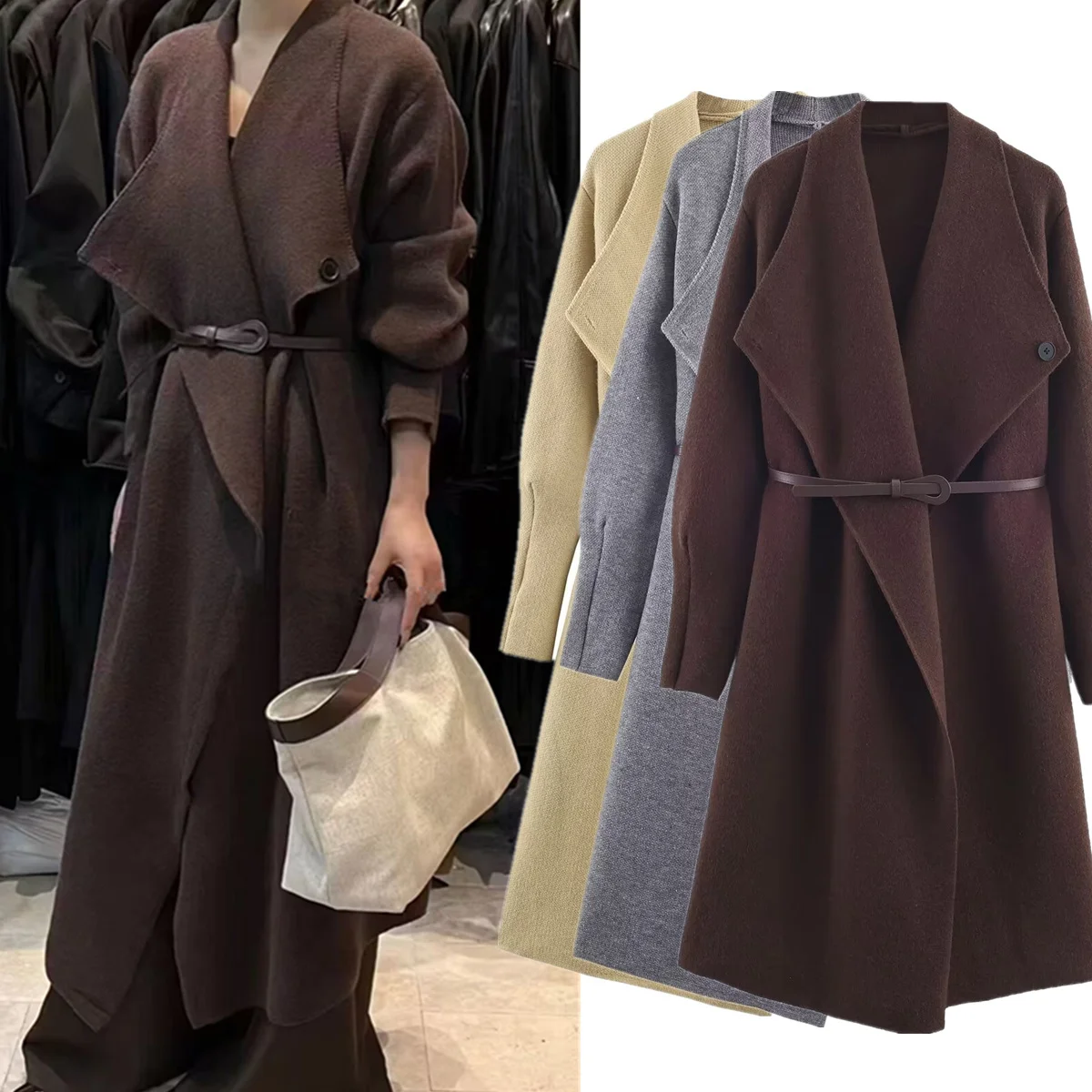 

Dave&Di Winter Long Coat Minimalist French Fashion Ladies Elegant Knitted Overcoat Women's Jacket Woman Clothes Tops With Belt