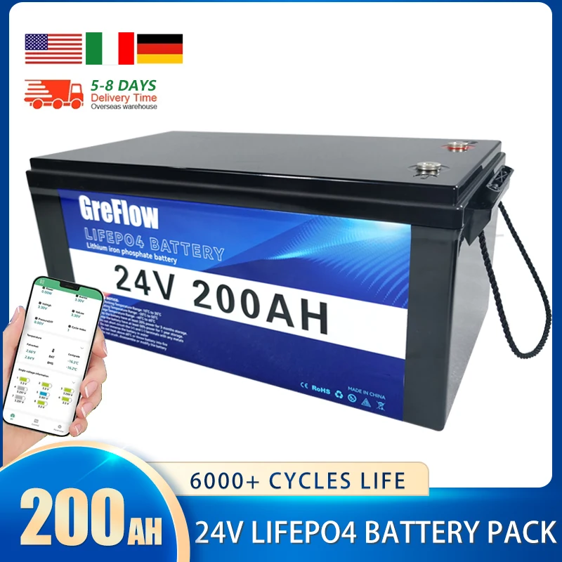 

New 24V200Ah LiFePO4 Battery 25.6V Lithium Iron Phosphate Battery Built-in BMS For Solar Boat No Tax