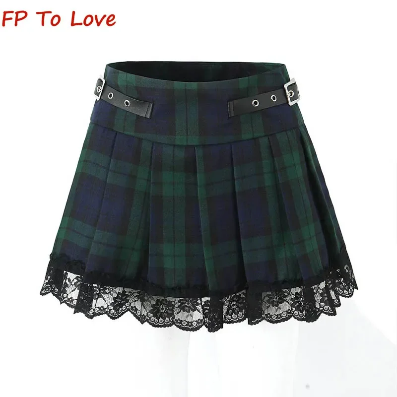 

Y2K High Waist College England Style Green Plaid Half-body Skirt Anti-Walking Pleated Lace Splicing Short Skirt