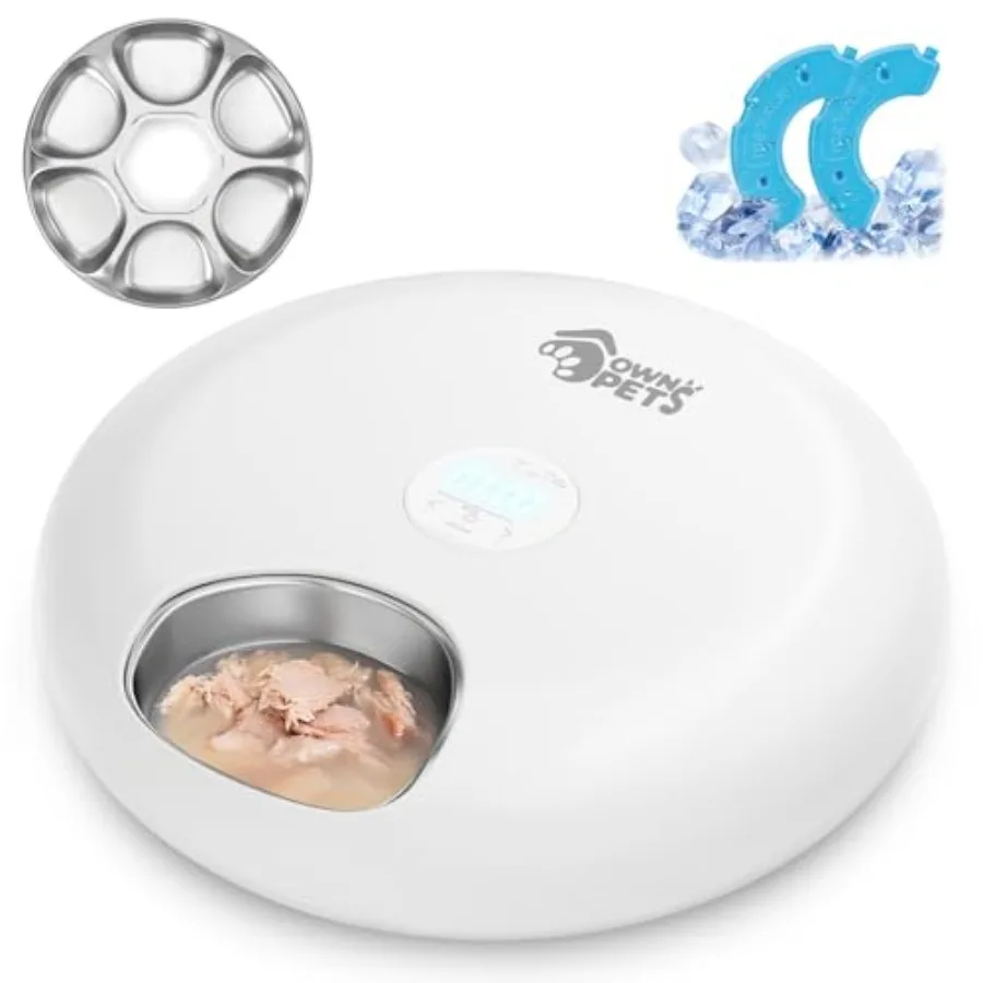 

Automatic cat feeder for wet food with stainless steel tray 6 meals rechargeable includes 2 ice packs dispenser for cats and sm