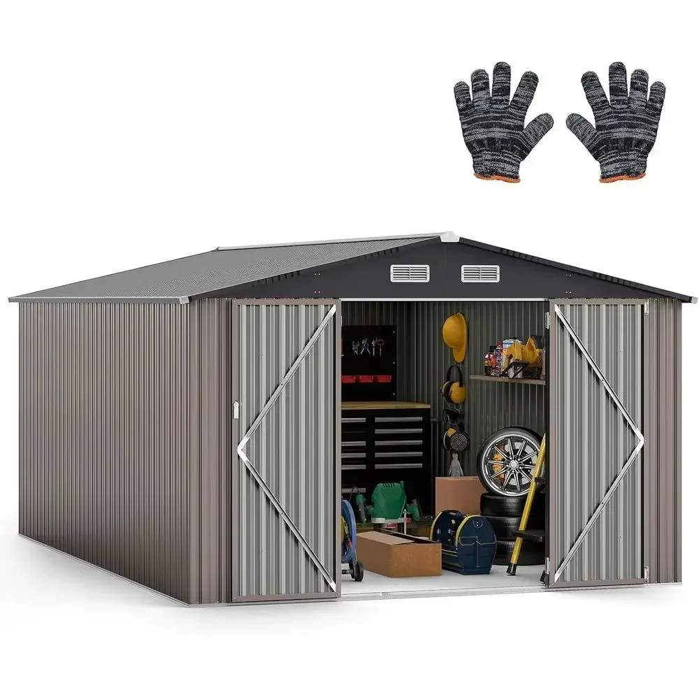 10 x 14 T Outdoor Storage Shed, Large Garden Tool House w/Improved Windproo Metal Structure, 4 Vents, Lockable Door, Waterproo U