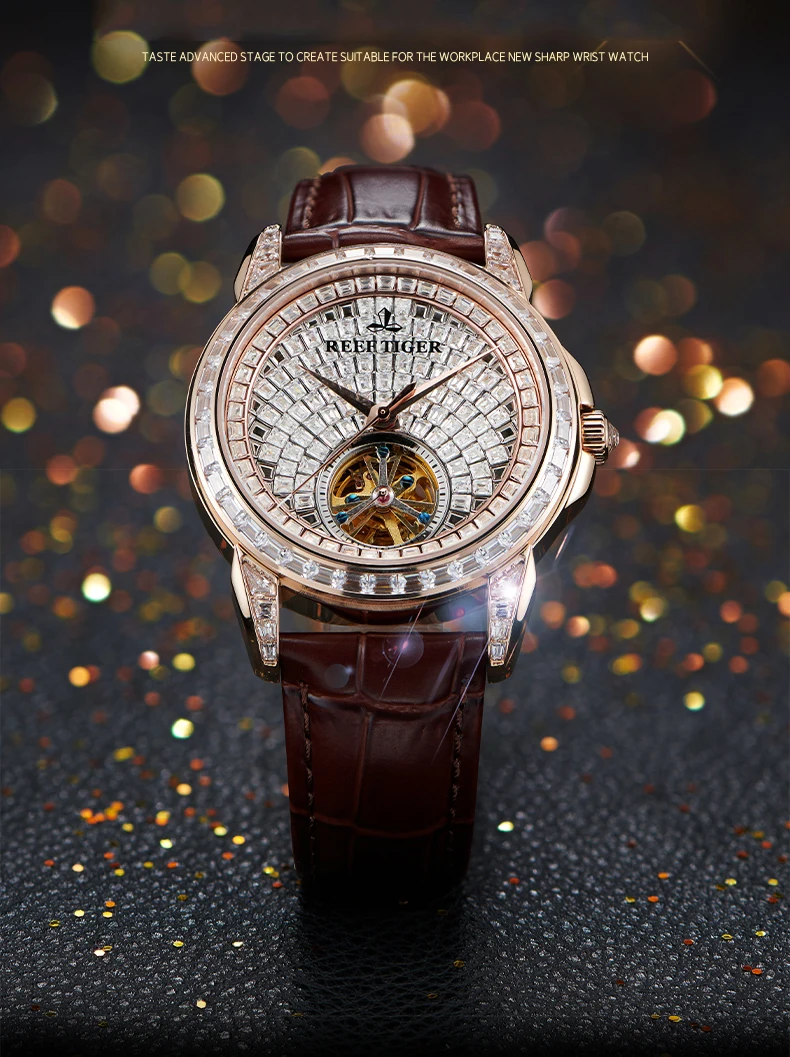 Reef Tiger Men Automatic Watch 41.5mm Luxury Mechanical Wristwatch Luminous Skeleton Crystal Dial Bezel Sapphire Mirror