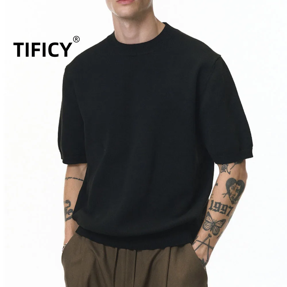 

TIFICY вязаные футболки, мужская осенняя новинка, свободный теплый вязаный свитер с короткими рукавами и круглым вырезом, уличная одежда, повседневный свободный свитер