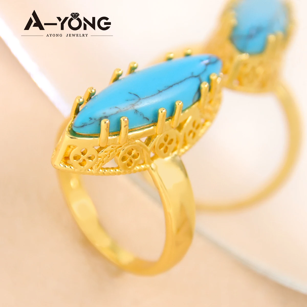 Luxury Turquoise Gold Plated Rings 21k Gold Color Saudi Fashion Big Ring Dubai Women Wedding Party Vintage Jewelry