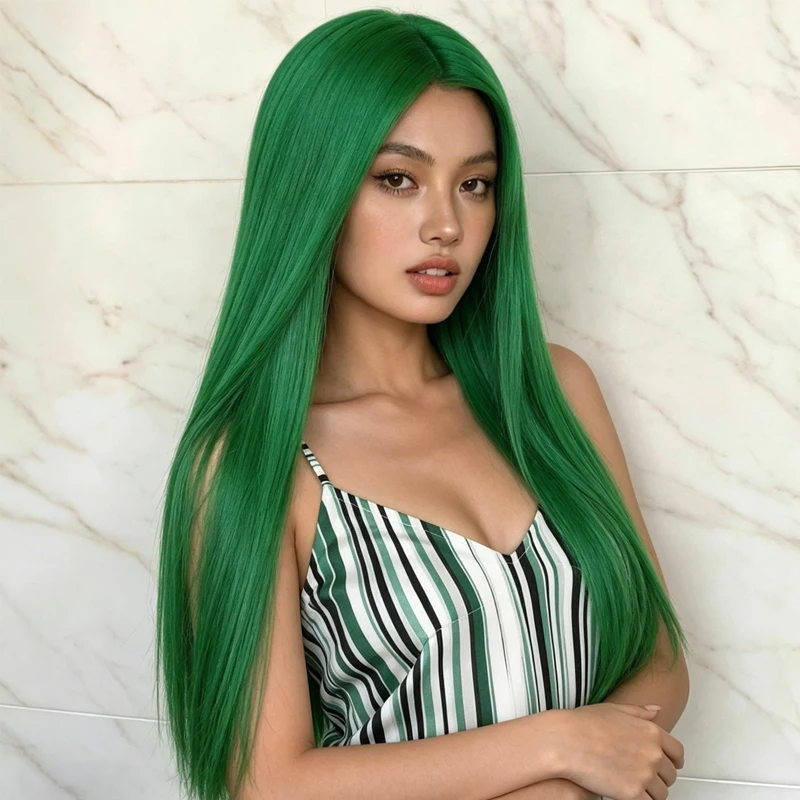 28-inch synthetic green long straight hair wig, smooth center parting, suitable for both women's and everyday looks.