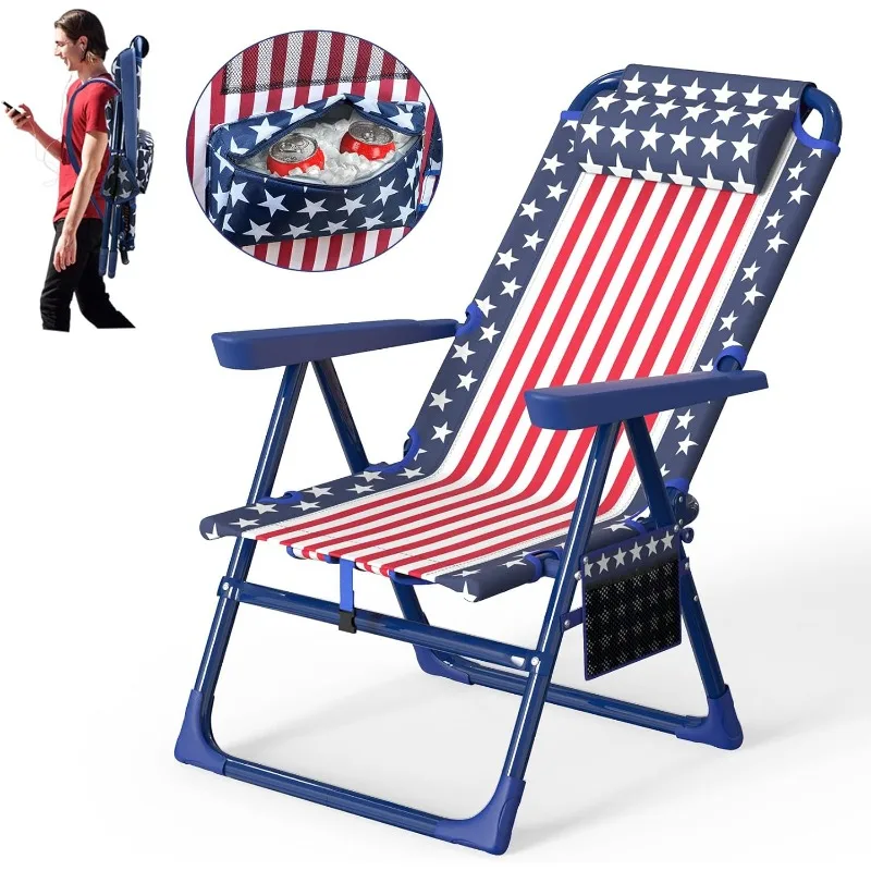 

Backpack Beach Chair, 6-Positions Beach Chairs for Adults with Cooler Bag, Reclining Beach Chair with Cup Holder Folding