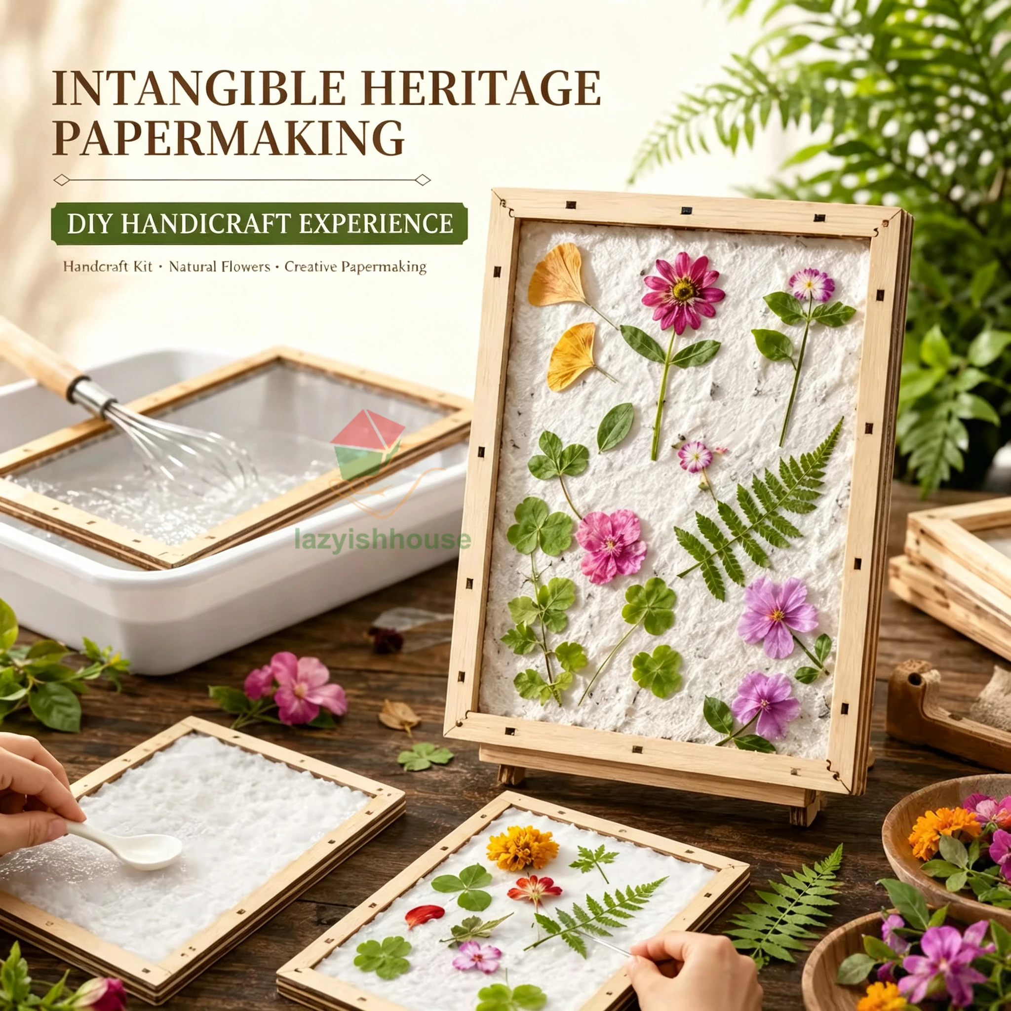Ancient paper-making materials package children's flower and grass pulp set wooden frame mesh tool handmade DIY experiment new