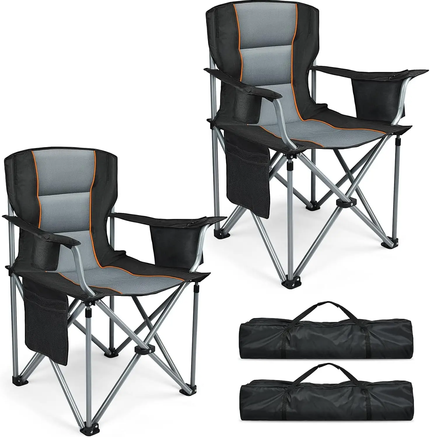 2 Pack Oversized Fully Padded Folding Camping Chairs Heavy Duty Steel Frame Supports 400 LBS with Cup Holder Insulated Cooler Bag Side Pocket Carry Bag for Lawn Sports Outdoor Use
