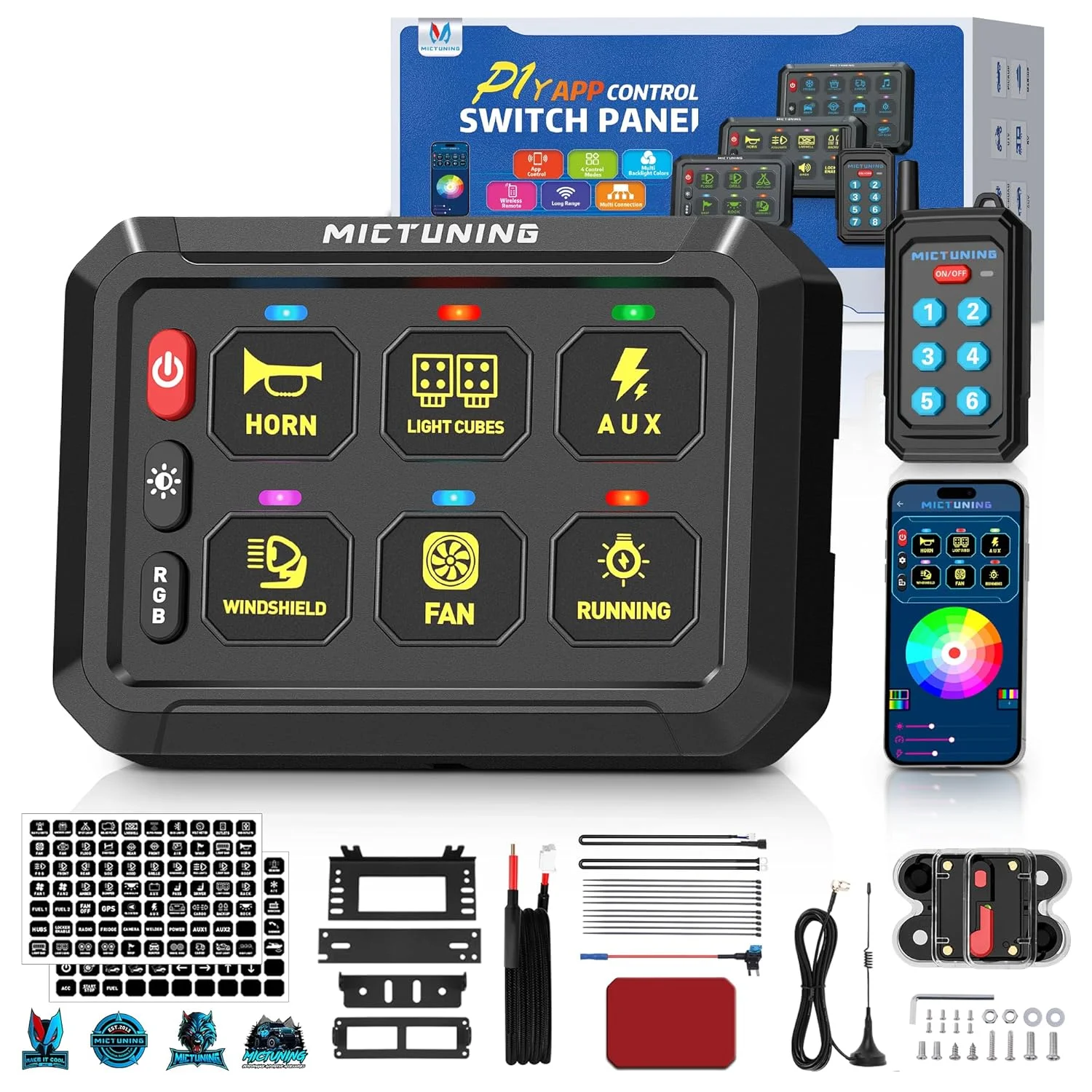 MICTUNING P1Y+ 6 Gang Switch Panel with Wireless APP Remote Control, Long Range 230FT Up to 5-Panels Simultaneously for Car