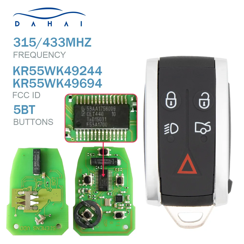 

Dahai Remote Car Key 5Buttons For Jaguar XF XFR XK XKR XJ8 XK8 2007+ 315/433MHZ FSK ID46 KR55WK49244 C2P17156 Keyless Entry