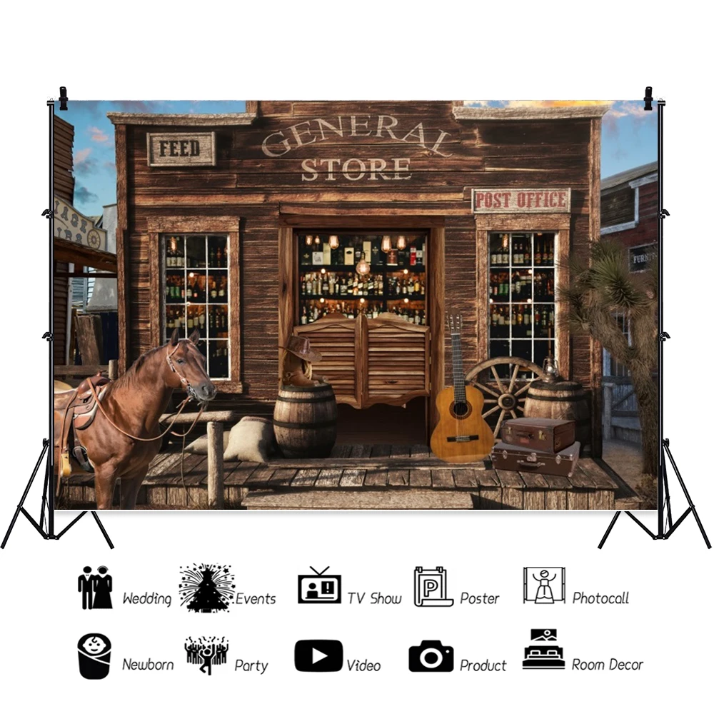 Laeacco Western General Store Photography Backdrop Wild West Town Rustic Post Office Horse Country Cowboy Birthday Background