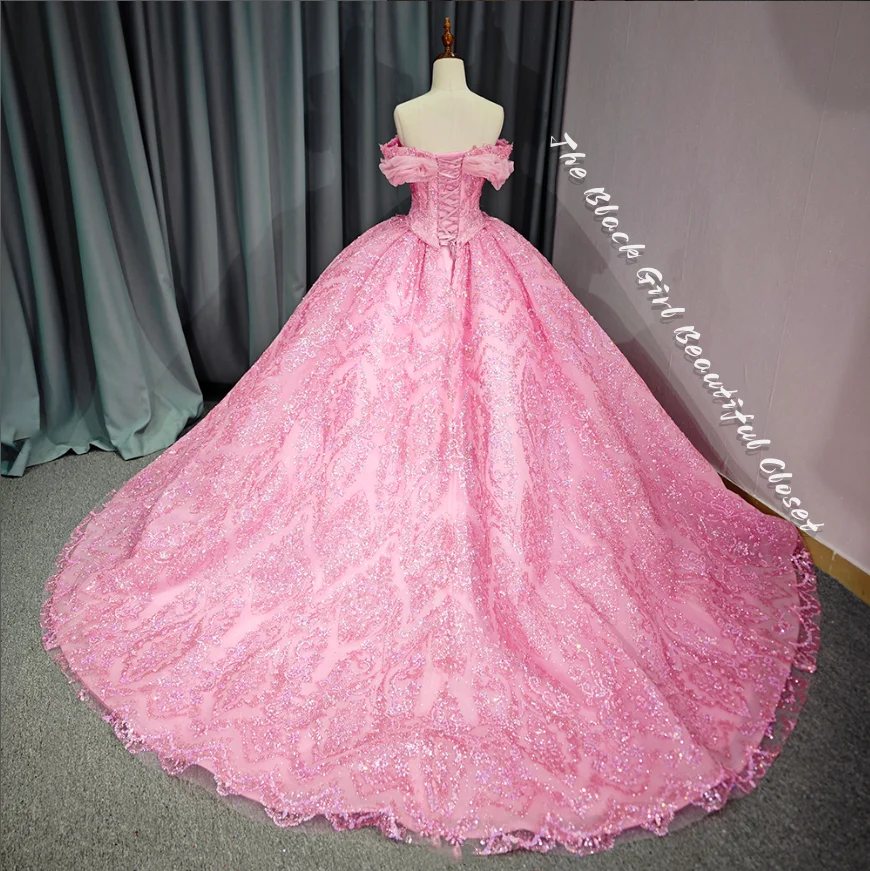 Pink Luxury Quinceanera Vestidos, bainha requintada, cartão de cinta, ombro princesa Tutu, Appliqued Tulle Pearls Prom Dresses, 15, 2024