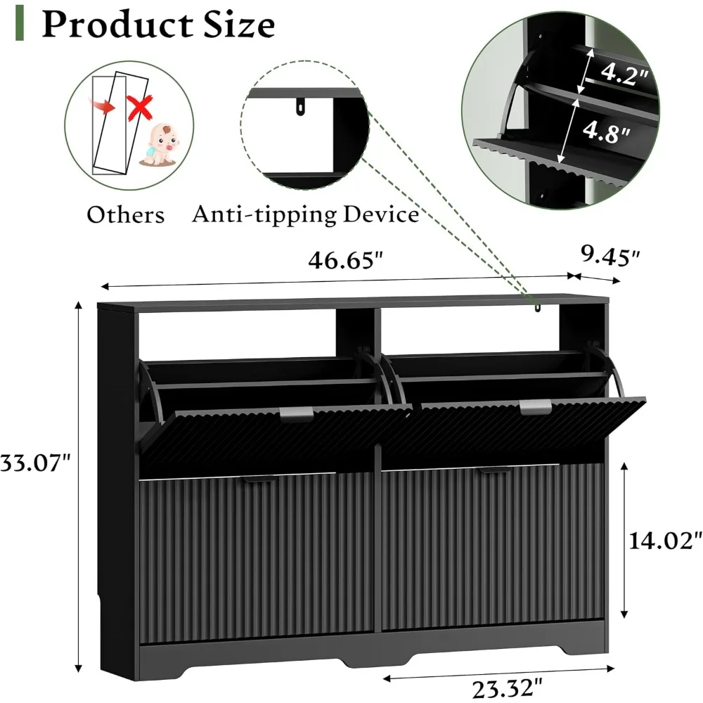 Shoe Storage Cabinet for Entryway, 4 Flip Drawers, Slim Wood Organizer, Black