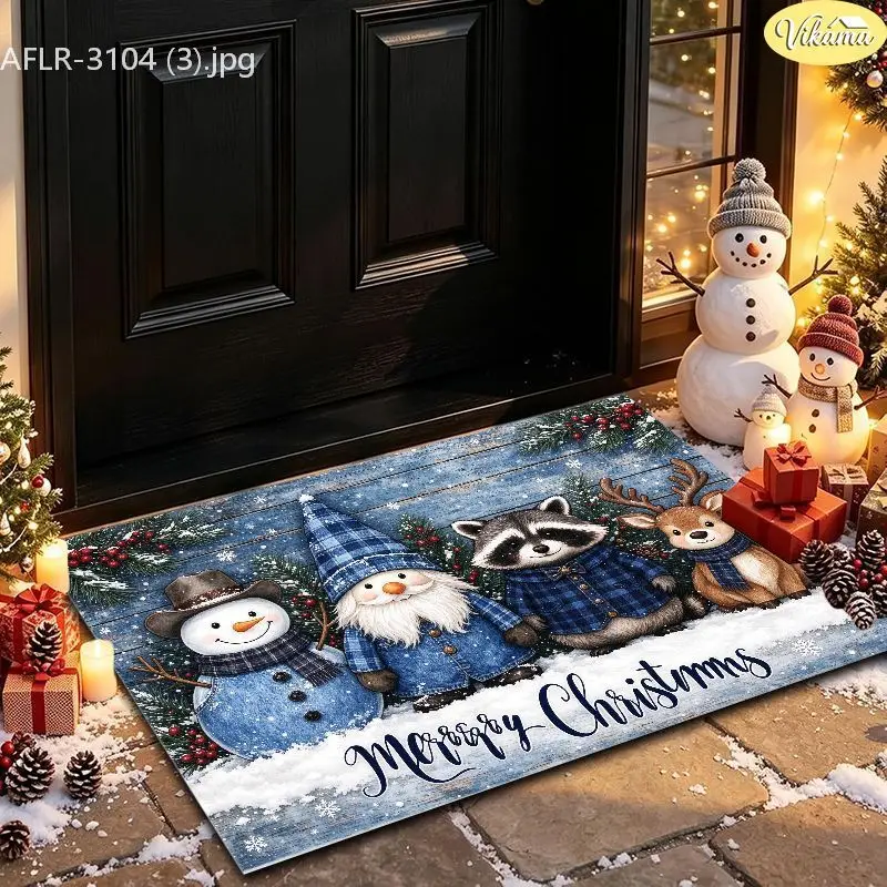 VIKAMA Happy Holidays Snowman Family Wood Entryway Rug Non Slip Low Profile Mats for Outside Front Door Xmas Decor Soft