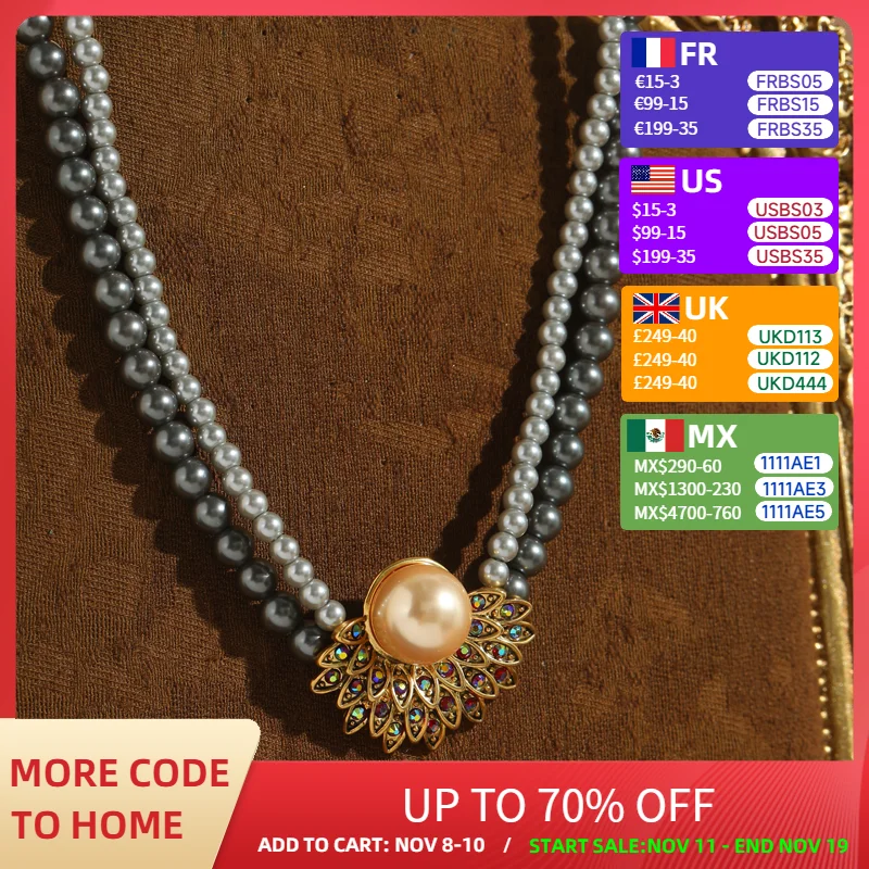

Vintage Layered Gray Pearl Necklace Flower Pendant Gold Color Accessories For Women Rhinestone Glass Peacock Feather Wedding New