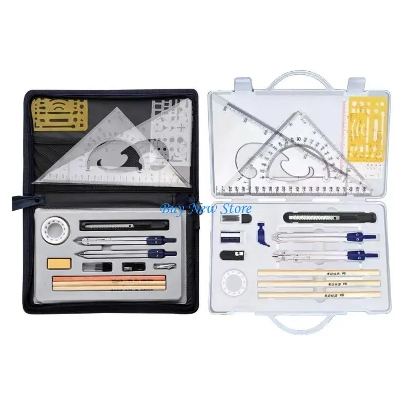 

20CE 19/20Pcs School Geometry Tool Set Including Set Square, Pencil, Eraser, Sharpener, Dawing Stencil, Storage Case