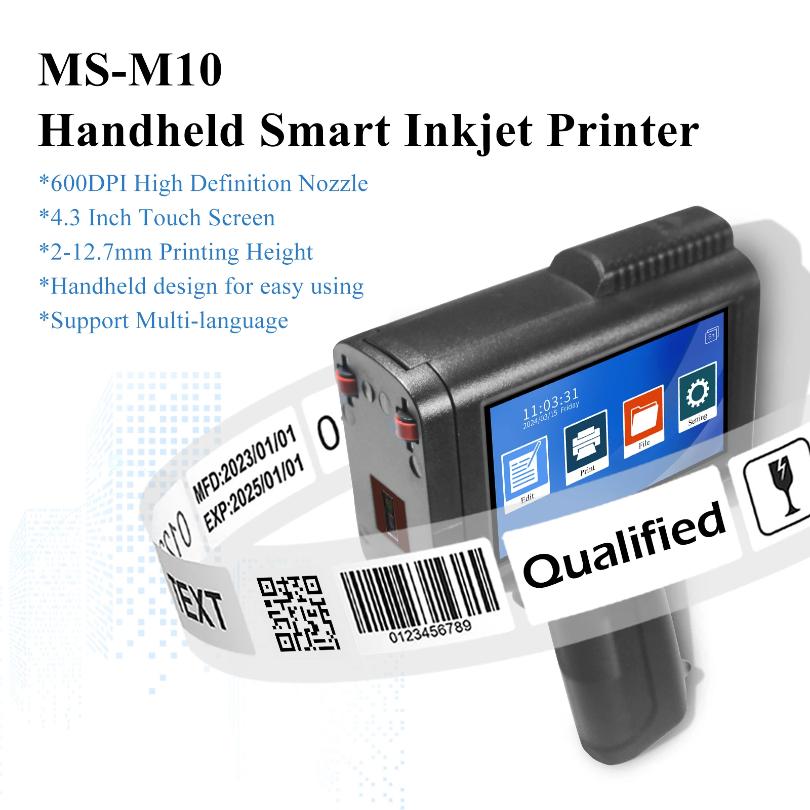 Newest Prime 12.7mm Handheld Inkjet Printer Gun with Fast-Drying Ink for Text QR Barcode Batch Number Logo Date Coding Machine