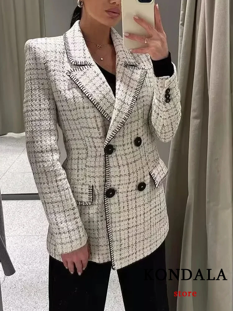 KONDALA Vintage Plaid Oversized Blazer Women Long Sleeve V Neck Double Breasted Pockets Jackets Fashion 2023 Elegant Outwears