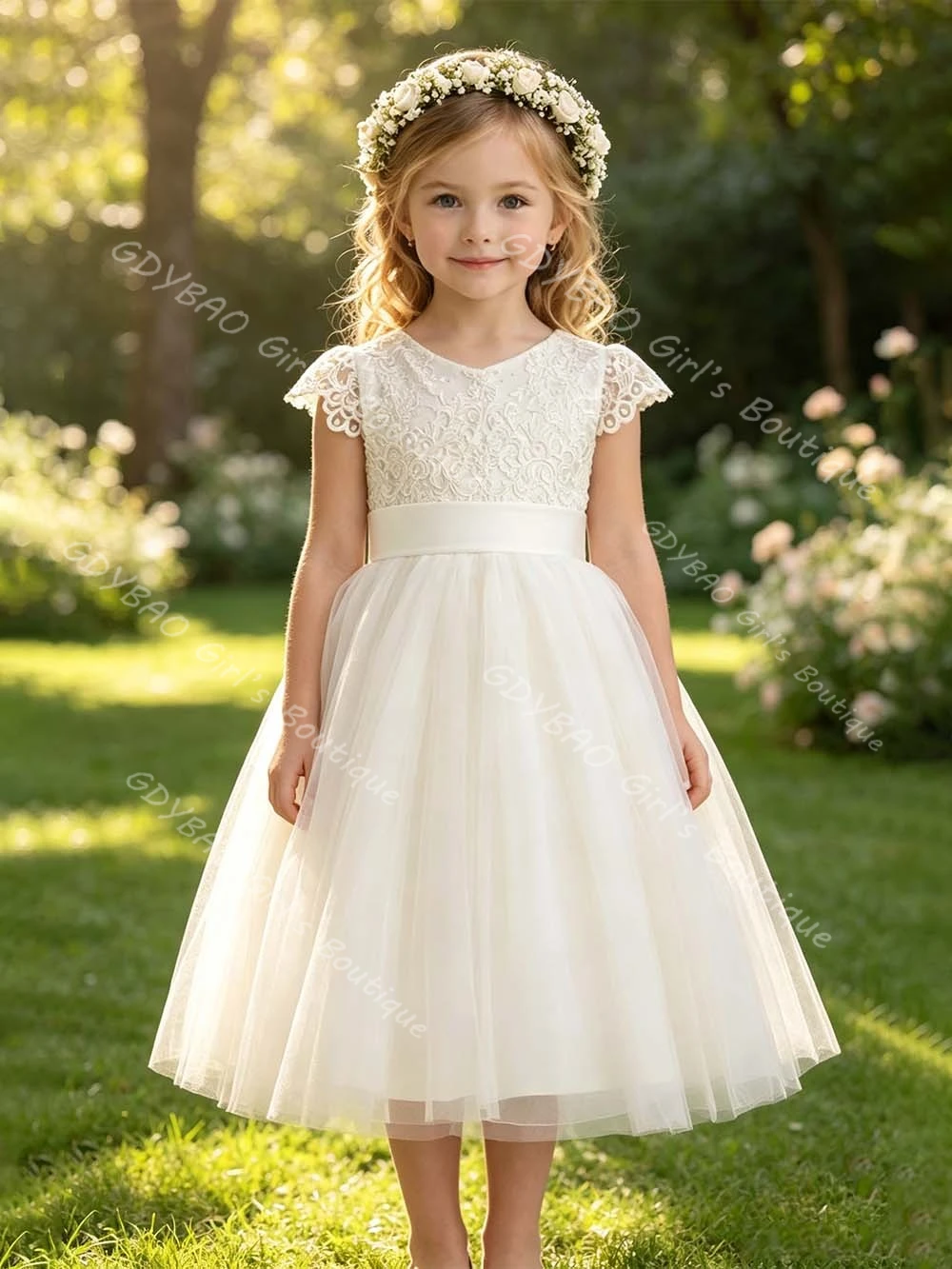 Girls Ivory/White Wedding Party Dress for Flower Girls Lace Top Tulle Skirt Cap Sleeves Birthday Communion Dress With Bow Custom