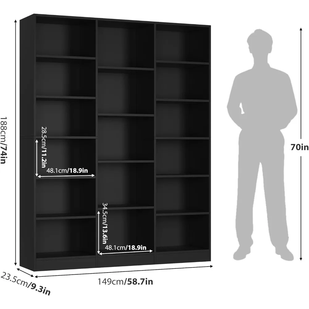 رف كتب كبير ثلاثي عريض مكون من 6 طبقات، وخزانة كتب مفتوحة بطول 74 طويلًا مع 17 رفًا للتخزين