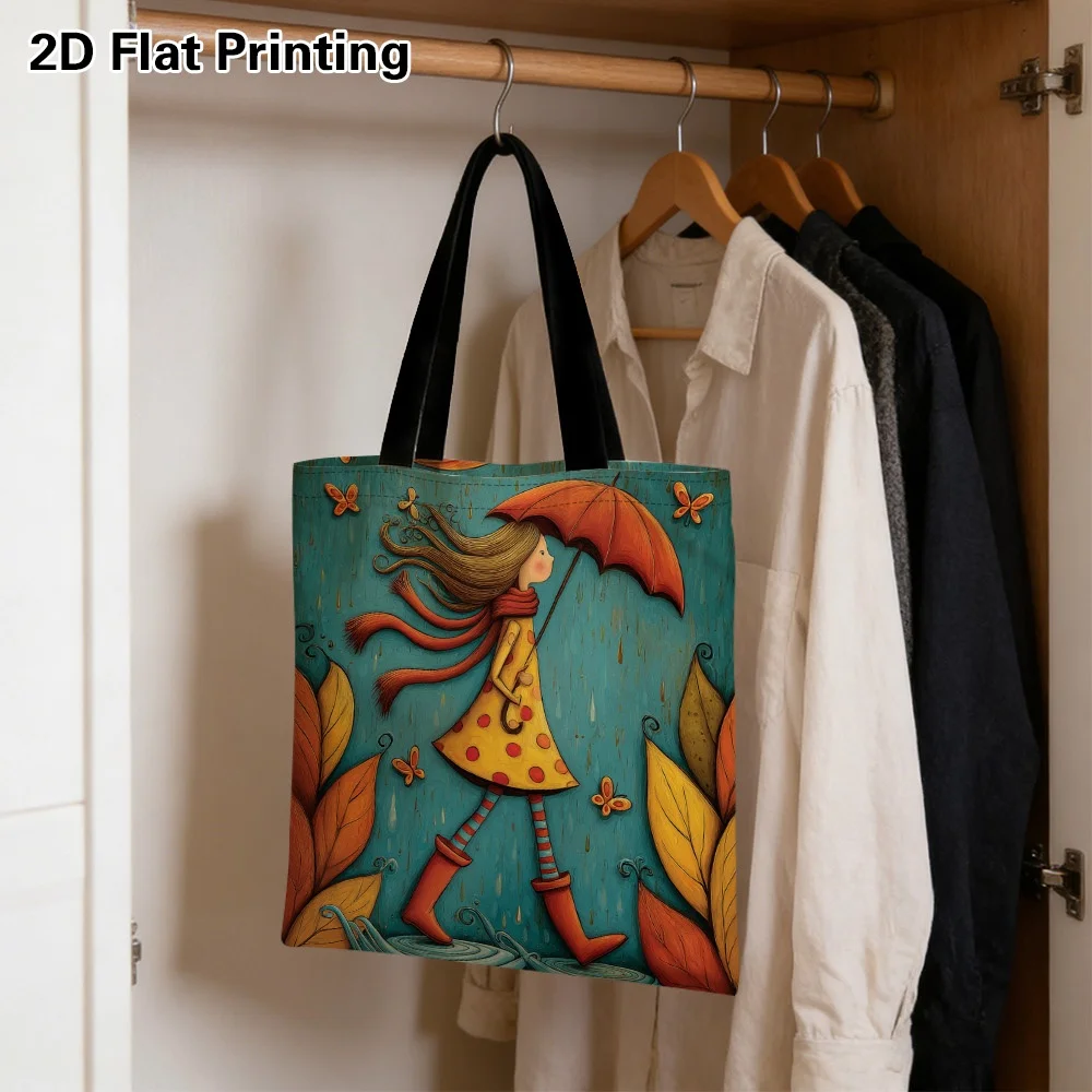 1pc Stylish Autumn Walking Design Canvas Tote Bag Vibrant 2D Printed Reusable Grocery Bags, Spacious Shoulder Handbag for Work