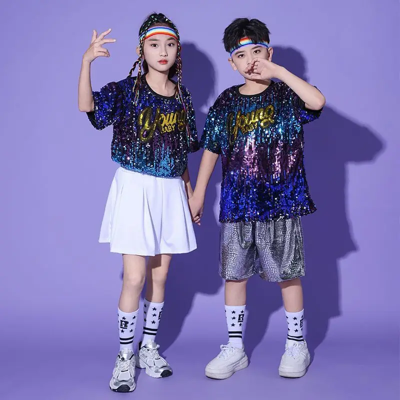 Girls Boys Hip Hop Clothing Sequined Coat Jacket Loosed Silver Pants For Kids Street Jazz Dance Costume Performan Clothes Wear