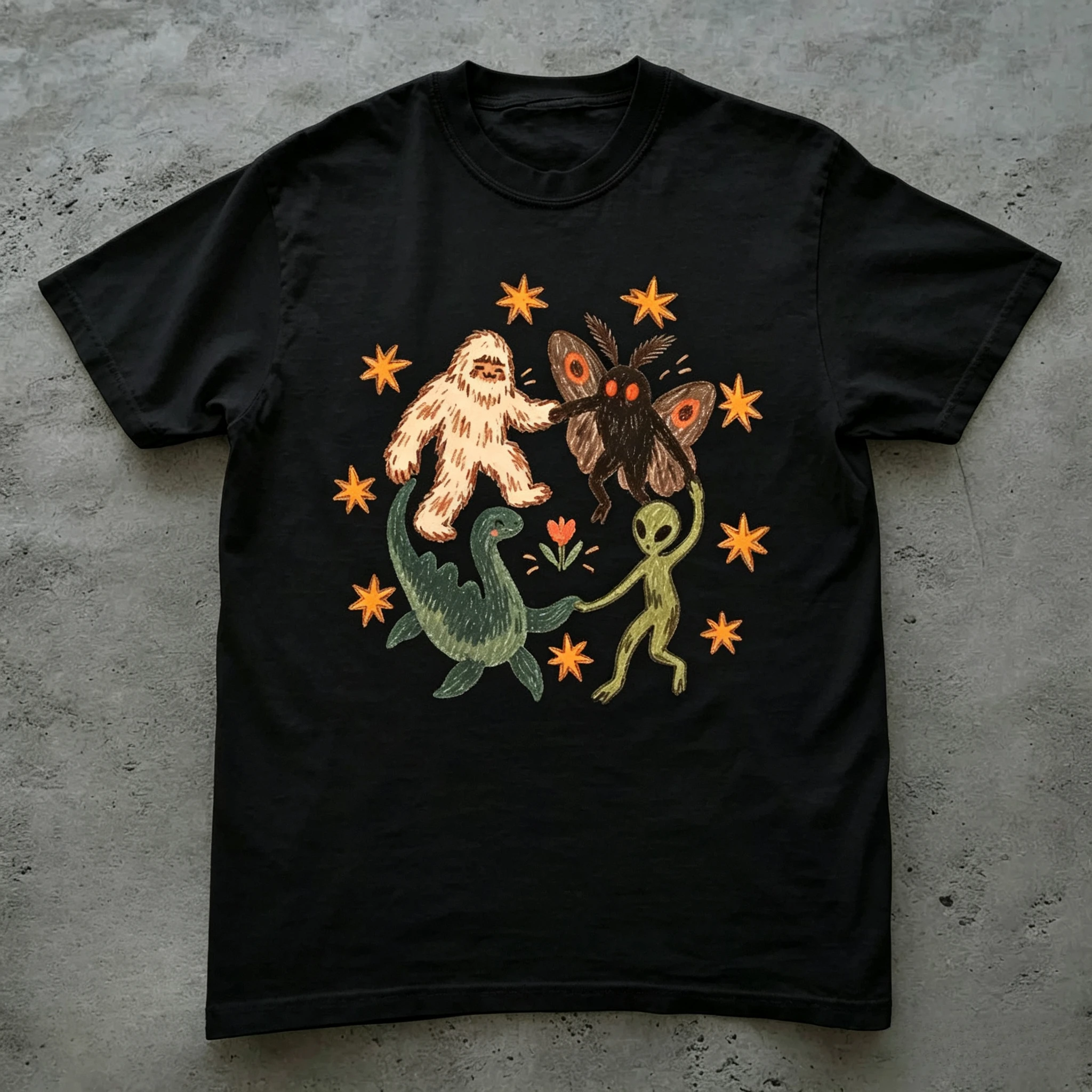 Cryptid Creatures T Shirt Men Women Bigfoot Mothman Alien Loch Ness Monster Print Tee Retro Cartoon Casual Streetwear T-shirt