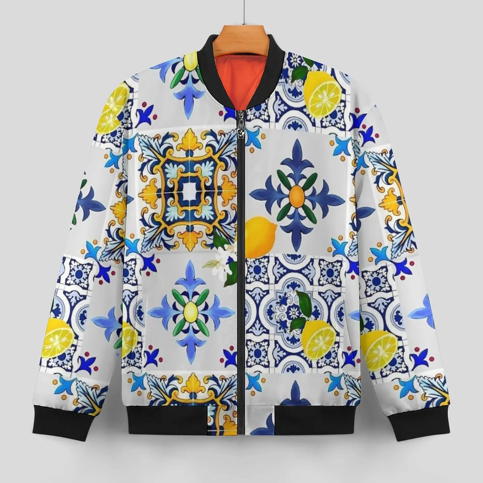 Majolica Lemon Jackets Tiles Citrus Flower Pockets Autumn Coats Mens Street Style Casual Jacket Outdoor Oversize Windbreakers