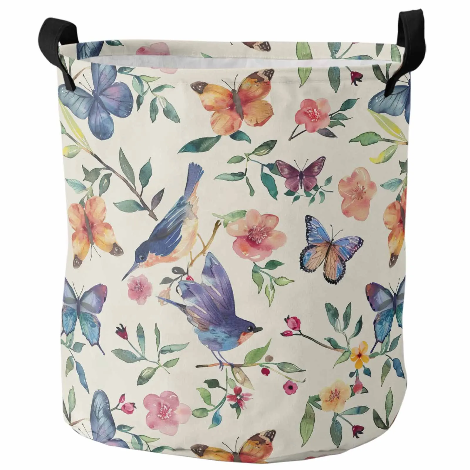 Flowers Birds Watercolors Leaves Dirty Laundry Basket Foldable Waterproof Home Organizer Clothing Children Toy Storage Basket