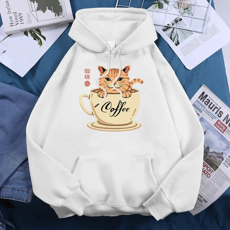 Japanese Harajuku coffee cup cat mens hoody fleece warm sweatshirt autumn pocket hoodies oversized casual soft female streetwear