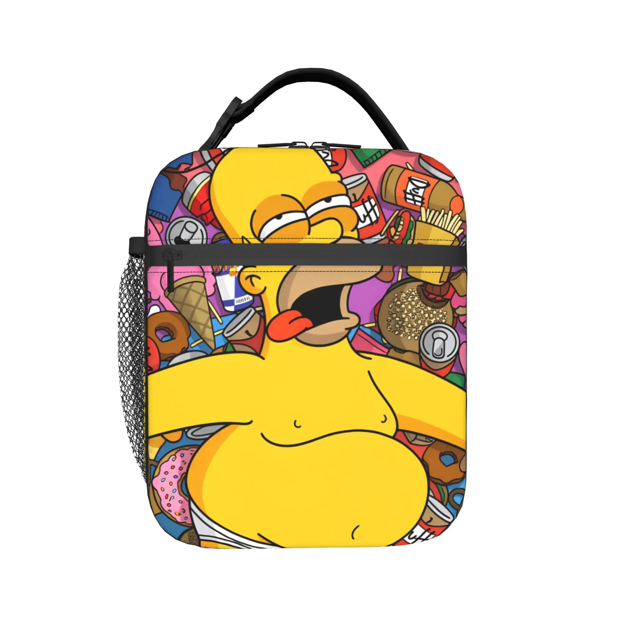 S-Simpsons Homer Candy Feast Lunch Bag Retro Lunch Box Outdoor Picnic Thermal Tote Handbags For Men Oxford Print Cooler Bag