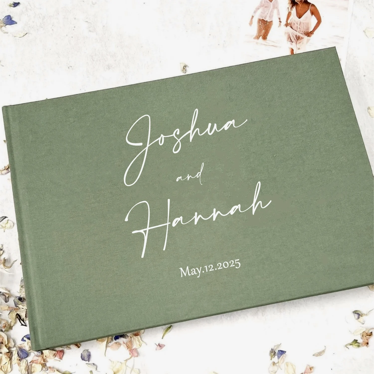 Personalized Wedding Guest Book Custom Photo Albums Custom Name Sign Book Couples Hardback Keepsake Book Green Linen Book