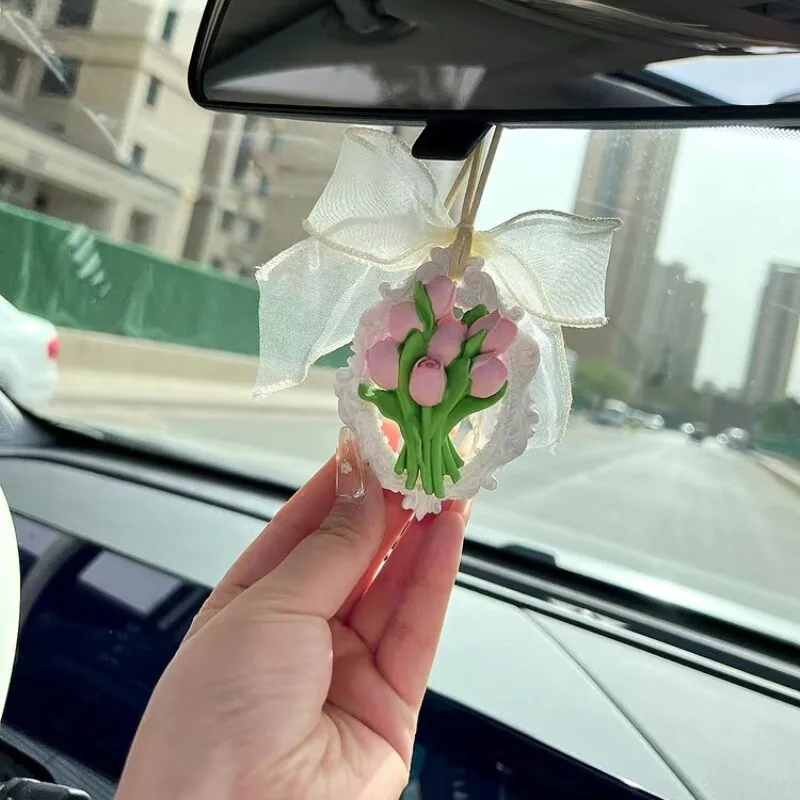 

Tulip Shaped Printing Car Decoration Pendant Rearview Mirror Hanging Fake Stones Luxury Aromatherapy Fragrance Air Freshener