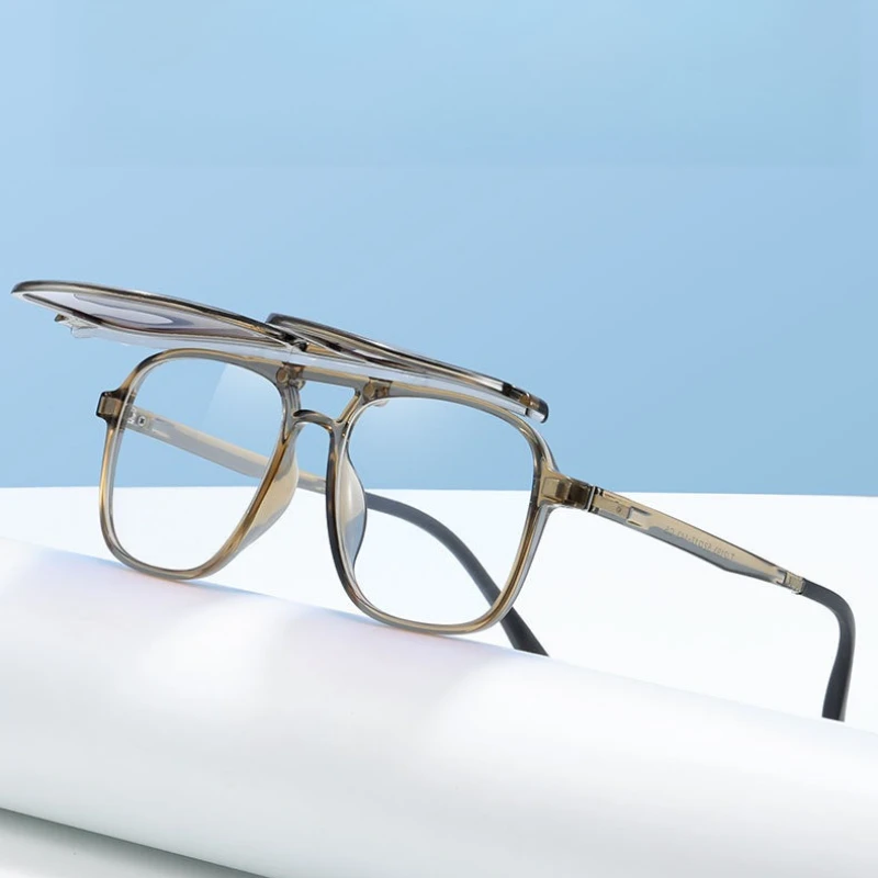 

GJ OPTICIAN Magnetic Clip Dual purpose Mirror Set Fashion Square Frame Men Anti Blue Light Optical Prescription Myopia Glasses