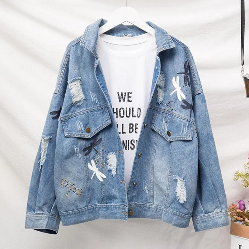 

Nice Autumn Women's Denim Jacket Fashion Hole Loose Jeans Jacket Pattern Lapel Blue Long Sleeve Casual Overcoat Plus Size 5XL