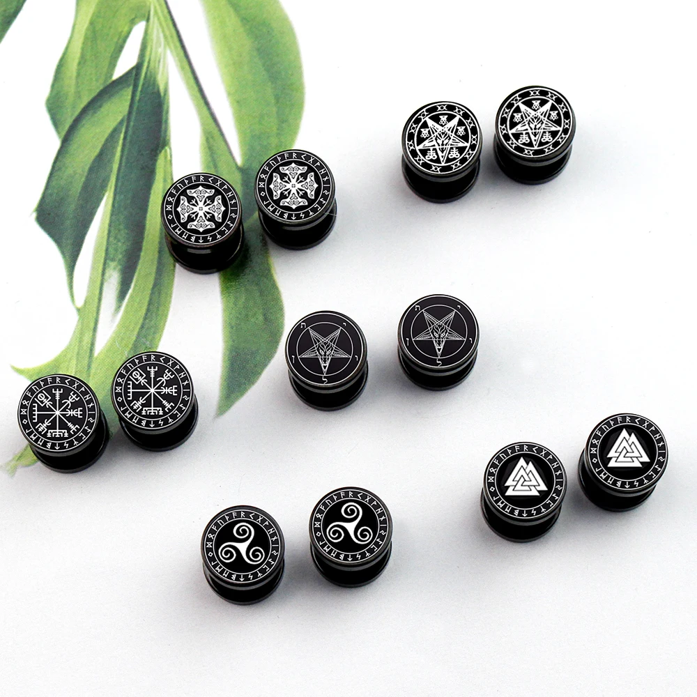 Viking Runes Gauge Earrings for Men Black Fake Plugs Piercing Jewelry Gift