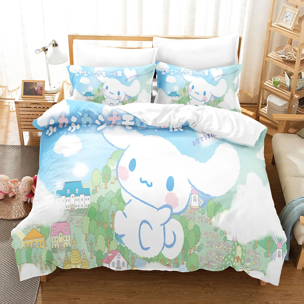 Cartoon Sanrio Duvet Cover Set Kawaii Cinnamoroll Quilt Cover Pillowcase Set Kids Girls Comfortable Bed Set Full Twin King Size